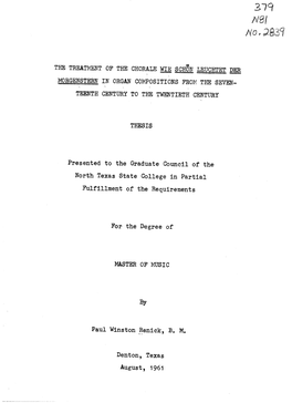 The Treatment of the Chorale Wie Scan Leuchtet Der Iorgenstern in Organ Compositions from the Seven Teenth Century to the Twentieth Century
