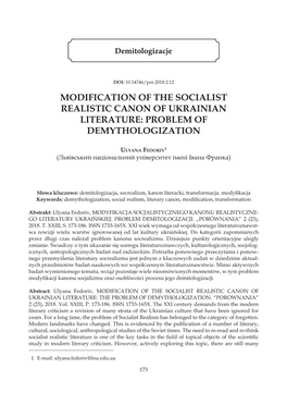 Modification of the Socialist Realistic Canon of Ukrainian Literature: Problem of Demythologization