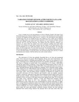 Variation Within Kinnow (Citrus Reticulata) and Rough Lemon (Citrus Jambheri)