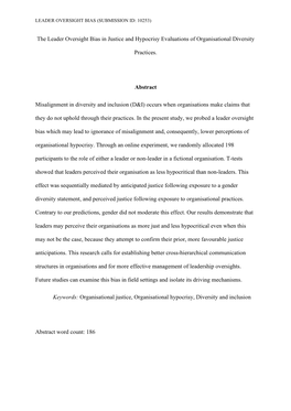 The Leader Oversight Bias in Justice and Hypocrisy Evaluations of Organisational Diversity