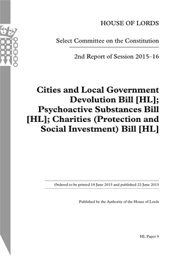 Cities and Local Government Devolution Bill [HL]; Psychoactive Substances Bill [HL]; Charities (Protection and Social Investment) Bill [HL]