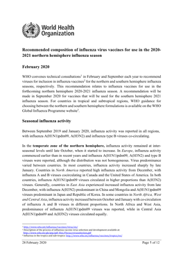 Recommended Composition of Influenza Virus Vaccines for Use in the 2020- 2021 Northern Hemisphere Influenza Season February 2020