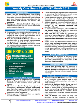 Weekly One Liners 25Th to 31St March 2019 Weekly One Liners 25Th to 31St March 2019