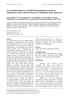 An Association Between Rs7635818 Polymorphism Located on Chromosome 3P12.3 and the Presence of Abdominal Aortic Aneurysm