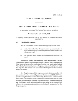 1 (50Th Session) NATIONAL ASSEMBLY SECRETARIAT ————— “QUESTIONS for ORAL ANSWERS and THEIR REPLIES” to Be Asked At