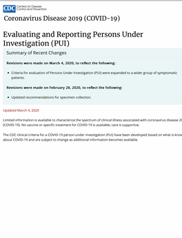 Evaluating and Reporting Persons Under Investigation (PUI) Summary of Recent Changes