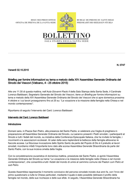 Briefing Per Fornire Informazioni Su Tema E Metodo Della XIV Assemblea Generale Ordinaria Del Sinodo Dei Vescovi (Vaticano, 4 - 25 Ottobre 2015)