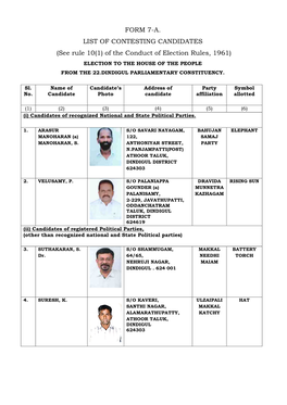 FORM 7-A. LIST of CONTESTING CANDIDATES (See Rule 10(1) Of