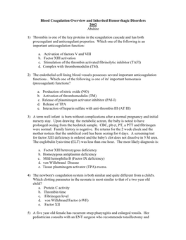 Blood Coagulation Overview and Inherited Hemorrhagic Disorders 2002 Abshire