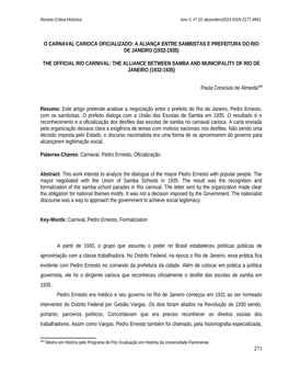 O Carnaval Carioca Oficializado: a Aliança Entre Sambistas E Prefeitura Do Rio De Janeiro (1932-1935)