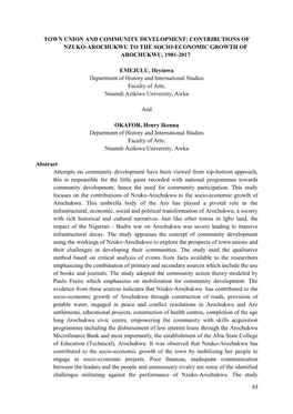 Contributions of Nzuko-Arochukwu to the Socio-Economic Growth of Arochukwu, 1981-2017 Emej