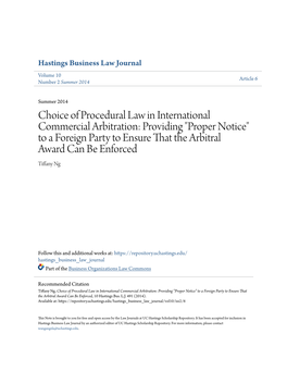 Choice of Procedural Law in International Commercial Arbitration: Providing 