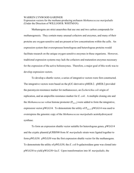 WARREN LYNWOOD GARDNER Expression Vectors for the Methane-Producing Archaeon Methanococcus Maripaludis (Under the Direction of WILLIAM B