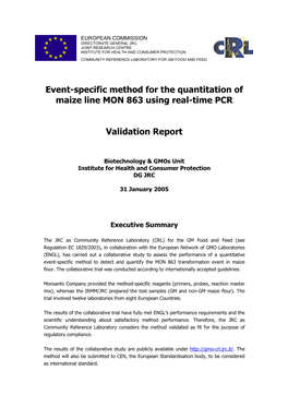 Event-Specific Method for the Quantitation of Maize Line MON 863 Using Real-Time PCR Validation Report