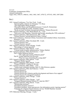 5/1/113 Conference Arrangements Office Annual Conferences Tapes 1952, 1956-57, 1960-61, 1963, 1965, 1967, 1970-72, 1975-93, 1995, 1997-2004