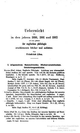 Uebersicht .Lor in Den Jähren 1880, 1881 Und 1882 Nur «Tain Gebiete Der Englischen Philologie Erschienenen Bttcher Und Aufsätze