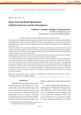 Sports Selection-Based Optimisation of Physical Exercise Load for Finswimmers