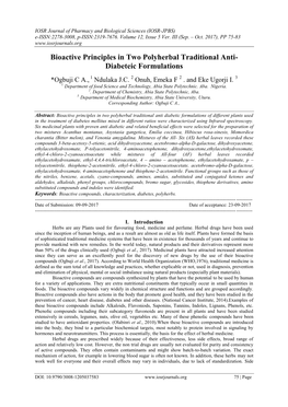 Bioactive Principles in Two Polyherbal Traditional Anti- Diabeteic Formulations