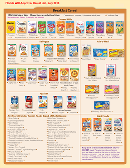 Florida WIC Approved Cereal List, July 2016