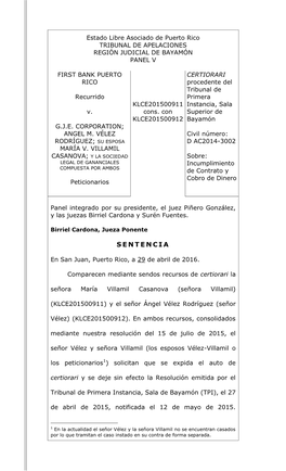 Estado Libre Asociado De Puerto Rico TRIBUNAL DE APELACIONES REGIÓN JUDICIAL DE BAYAMÓN PANEL V