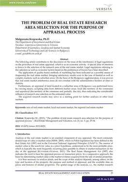 The Problem of Real Estate Research Area Selection for the Purpose of Appraisal Process