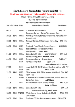 South Eastern Region Sites Fixture List 2021 (V2)