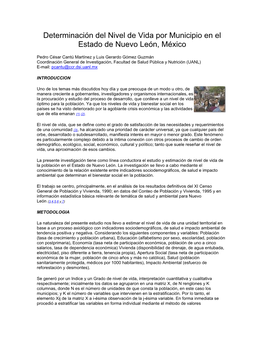 Determinación Del Nivel De Vida Por Municipio En El Estado De Nuevo León, México