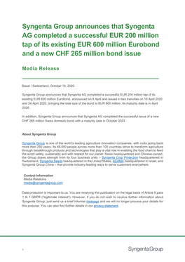 Syngenta Group Announces That Syngenta AG Completed a Successful EUR 200 Million Tap of Its Existing EUR 600 Million Eurobond and a New CHF 265 Million Bond Issue