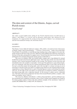 The Date and Context of the Glamis, Angus, Carved Pictish Stones Lloyd Laing*