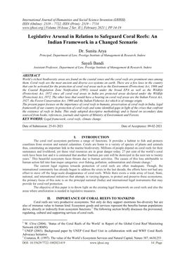 Legislative Arsenal in Relation to Safeguard Coral Reefs: an Indian Framework in a Changed Scenario