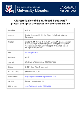 Characterization of the Full-Length Human Grb7 Protein, and A