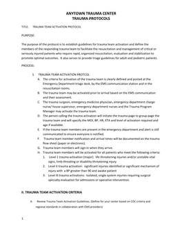 Anytown Trauma Center Trauma Protocols