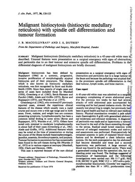 Malignant Histiocytosis (Histiocytic Medullary Reticulosis) with Spindle Cell Differentiation and Tumour Formation