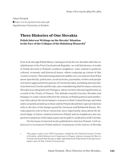 Three Histories of One Slovakia Polish Interwar Writings on the Slovaks’ Situation in the Face of the Collapse of the Habsburg Monarchy1