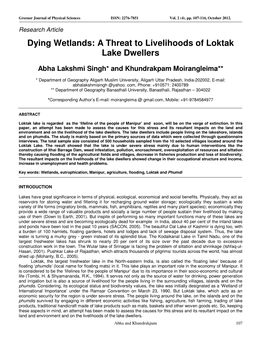 A Threat to Livelihoods of Loktak Lake Dwellers