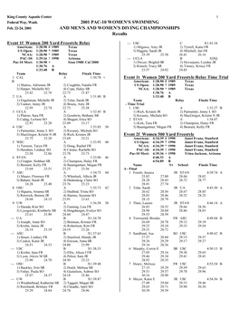 2001 Pac-10 Women's Swimming Results