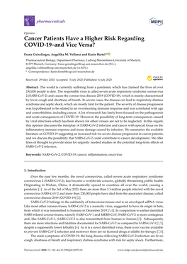 Cancer Patients Have a Higher Risk Regarding COVID-19–And Vice Versa?