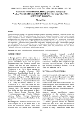 (Lepidoptera Heliozidae) – a LEAFMINER SPECIES RECORDED on Vitis Vinifera L