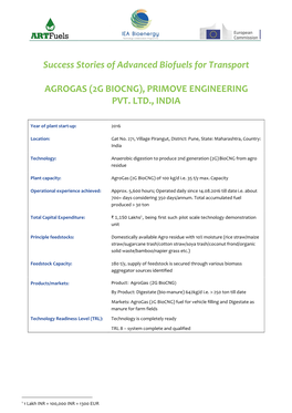 Success Stories of Advanced Biofuels for Transport AGROGAS (2G BIOCNG)