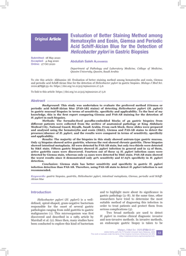 Evaluation of Better Staining Method Among Hematoxylin and Eosin, Giemsa and Periodic Acid Schiff-Alcian Blue for the Detection