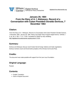 January 29, 1964 from the Diary of A. I. Alekseyev, Record of a Conversation with Cuban President Osvaldo Dorticos, 7 December 1963