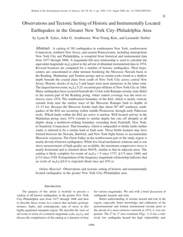 Observations and Tectonic Setting of Historic and Instrumentally Located Earthquakes in the Greater New York City–Philadelphia Area by Lynn R