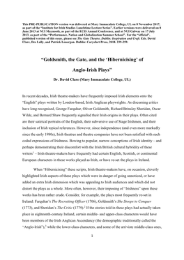 “Goldsmith, the Gate, and the 'Hibernicising' of Anglo-Irish Plays”