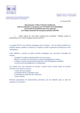 Le 26 Juin 2019 Questionnaire À Mme Catherine Guillouard, Dont La