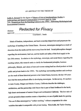 Perspectives from the Ranching Culture in the 1990'S: Addressing Mythological and Environmental Concerns