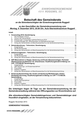 Botschaft Des Gemeinderats an Die Stimmberechtigten Der Einwohnergemeinde Roggwil