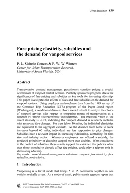 Fare Pricing Elasticity, Subsidies and the Demand for Vanpool Services