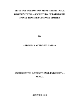 Effect of Holidays on Money Remittance Organizations: a Case Study of Dahabshiil Money Transfer Company Limited by Abdirizak