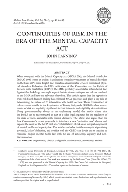 Continuities of Risk in the Era of the Mental Capacity Act John Fanning*