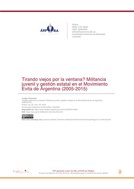 Militancia Juvenil Y Gestión Estatal En El Movimiento Evita De Argentina (2005-2015)